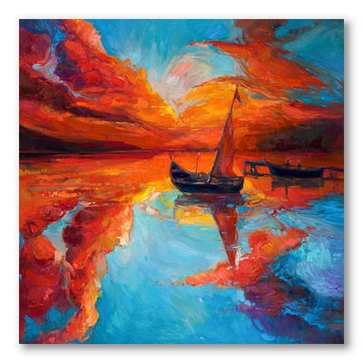 Fishing Boat During Red Evening Glow 20 in x 12 in Framed Painting Canvas  Art Print, by Designart