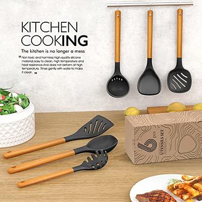 Large Silicone Cooking Utensils - Heat Resistant Kitchen Utensil Set with Wooden Handles, Spatula,Turner, Slotted Spoon, Pasta Server, Kitchen Gadgets