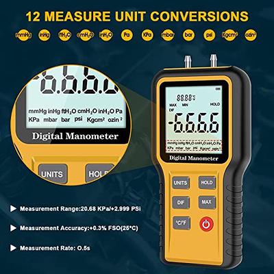 Digital Manometer Differential Dual Port Air Pressure Meters HVAC Gas  Tester