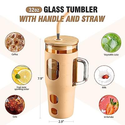 32 oz Glass Tumbler with Lid and Straw, Glass Water Bottles with Handle  Reusable Glass Coffee Cup with Time Marker and Silicone Sleeve Fits in Cup  Holder Office