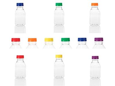 6) 8 oz. Clear Food Grade Square Plastic Juice Bottles with 6