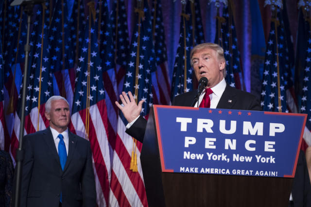 President-elect Donald Trump speaks with vice president-elect Mike Pence by his side during an election rally in midtown in New York, NY on Nov. 9, 2016. (Photo: Jabin Botsford/The Washington Post via Getty Images)