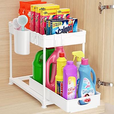 2-Tier Under Sink Organizer Shelf with 4 Hooks and Hanging Cup