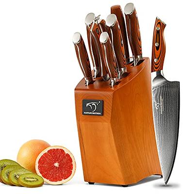  Kitchen Damascus Knife Set, 9-Piece Kitchen Knife Set with  Block, Non-slip G10 Ergonomic Triple Rivet Handle for Chef Knives, Knife  Sharpener and Kitchen Shears, Natural Wood Block (Brown/Grey): Home &  Kitchen