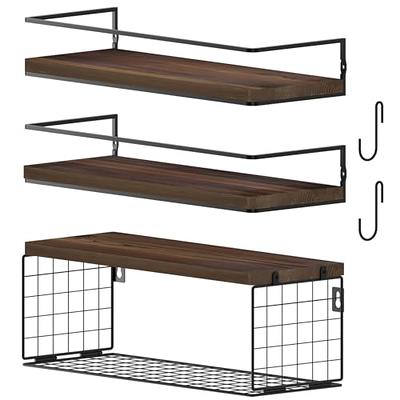 Floating Shelf with Hooks, Wall Mounted Versatile Metal Storage and  Organizing Basket for Home Office, Bathroom and Kitchen (Black, Large)