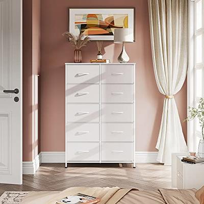 Fabric Dresser with 5 Drawers, Wide Dresser Storage Tower, Organizer Unit  with Wood Top and Easy Pull Handle for Closets, Living Room, Nursery Room