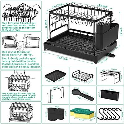 LIONONLY 2 Tier Dish Drying Rack Multifunctional Dish Rack for Kitchen Counter, Stainless Steel Large Capacity Dish Drainer with Drainboard, Utensil Holder