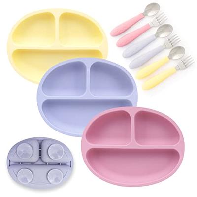 Elk and Friends Silicone Suction Plate for Babies/Toddlers + Stainless  Steel Silverware Feeding Set, Divided Plate, Suction Design, Forks +  Spoons Included