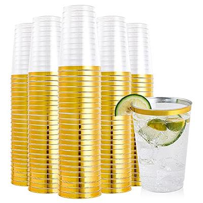 100 Pk 16 oz Clear Plastic Cups, Gold Rimmed Disposable Cups