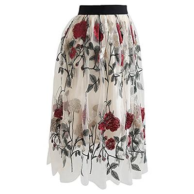 CHICWISH Women's Red Golden Rose Embroidered Mesh Tulle Midi Skirt