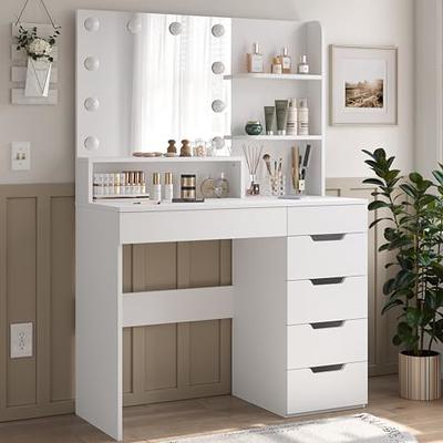 Likein Corner Makeup Vanity Desk with Mirror and Lights, Bedroom Vanity  Table with Lighted Mirror 5 Drawers and Storage Shelf for Women Girls White