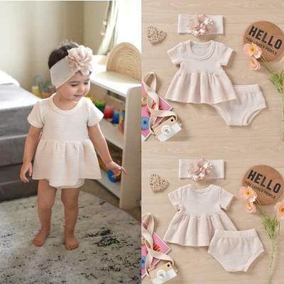 Buy Baby Girl Clothes Ruffle Short Sleeve Tunic Dress Top Striped Leggings  Summer Outfits 3PCS Pants Set with Headband, Floral, 0-3 Months at