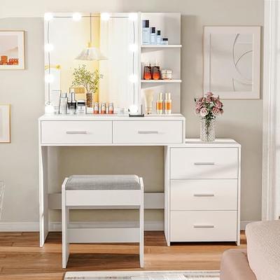 Amazon.com: ZGNBSD Vanity - Makeup Vanity Table with Drawers and LED Lights  - Includes Chair and Smart Makeup Mirror, Solid Wood Vanity for Bedroom for  Her (White-Crystal Chair, 6-Drawers) : Home &