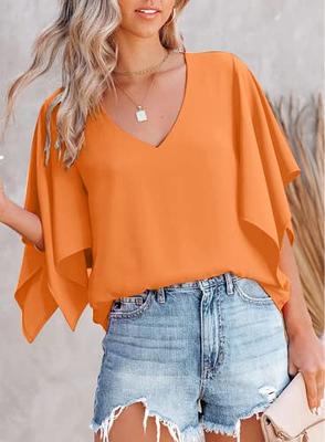 Womens Business Casual Tops Summer V Neck T Shirt Ruffle Short