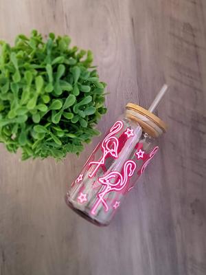 Neon Flamingos Glass Cup, Clear Coffee Iced Cup Lid & Straw, 20 Oz