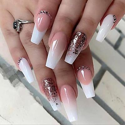 Fashion Rhinestones Pink Fake Nails French Long Coffin Full Cover Press On  Nails