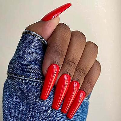 Long Coffin Fake Nail Diamond French Red Press on Nails for Nail Art 24pcs