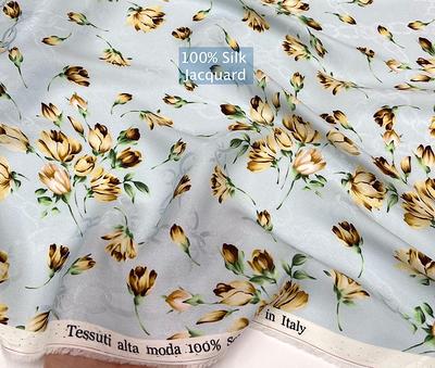 Designer silk and cotton muslin fabric. Floral. Made in Italy