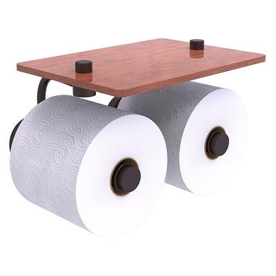 Black Wall-Mounted Double Toilet Paper Holder with Wooden Shelf