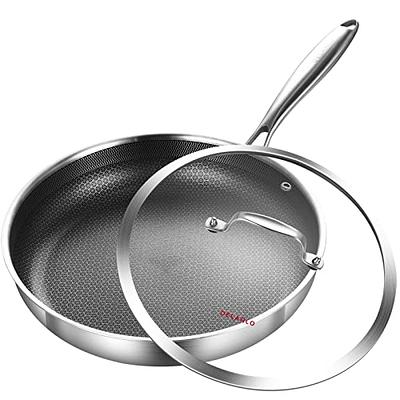 DELARLO Tri-Ply Stainless Steel Saute Pan 6 Quarts Deep Frying Pan, 12 inch  Induction Compatible Chef Cooking Pan, Sauté Pan with lid, Dishwasher 