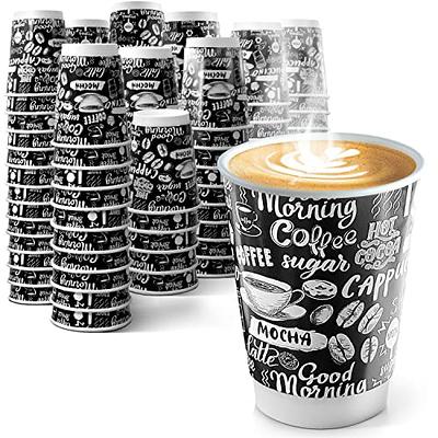 8 Ounce Disposable Paper Coffee Hot Cups with Black Lids - 50 Sets