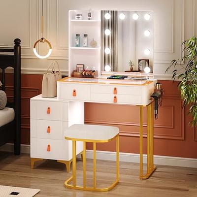 Vanity Desk with Mirror and Lights, Makeup Vanity with 3 Lighting Options,  Dressing Table with Charging Station, Vanity Set with 4 Cabinets, Shelves  and Stool, Corner Vanity for Women Girls