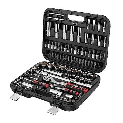 46 PCS Socket Wrench Set, Mechanic Tool Kit Quick-release Ratchet, 1/4  Drive Bit Metric Combination Tools for Auto Repairing & Household with  Storage