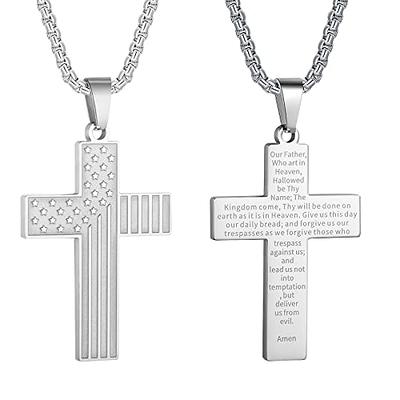 P. Blake Stainless Steel Dog Tag Cross Necklace for Men Boys Lord’s Prayer/Bible Verse Pendant with Wheat Chain 24 Inches