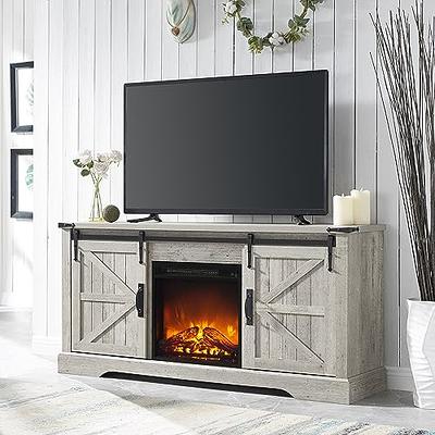 OKD Modern TV Stand for 65+ inch TV, Farmhouse Rustic Entertainment Center  with Shelves and Wood Tabletop, Media Cabinet for Living Room Bedroom,  Antique White 