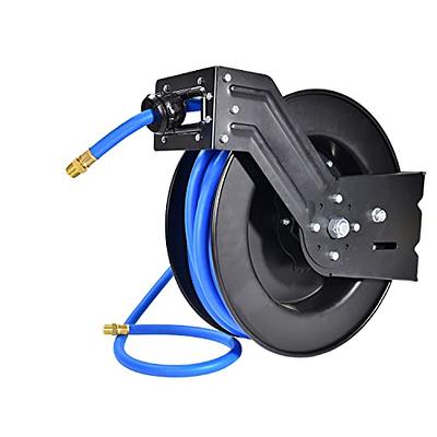 BluSeal Stainless Steel Water Hose Reel 1/2 x 50' Retractable with Rubber Garden Hose, 6' Lead-In, Spray Nozzle