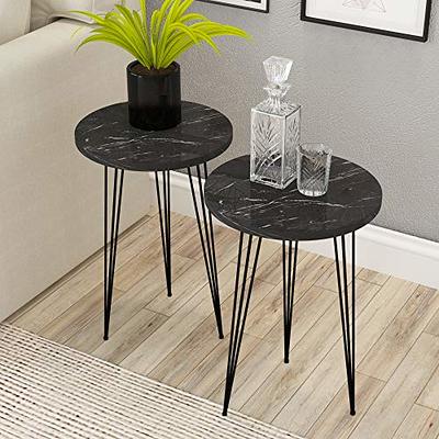 PAK HOME Set of 2 Black Marble End Tables Round Wood Sofa Side