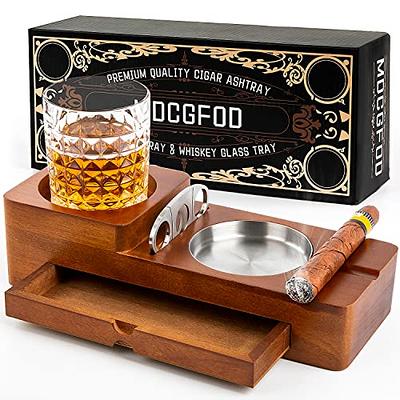 Cigar Ashtray Coaster Whiskey Glass Tray and Cigar Holder, Wooden Ash Tray,  Slot to Hold Cigar