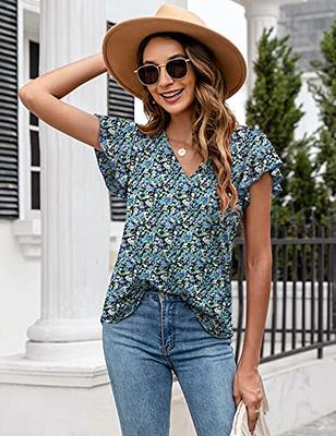 Casual Tops for Women Dressy Casual, Women's Sleeveless Tops Short Sleeve T Shirt  Blouses Spring Cute Tops for Women Blue Summer Shirts for Women X-Large