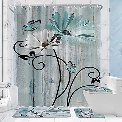 4pcs/set Flower Pattern Shower Curtain & Bath Mat, Modern