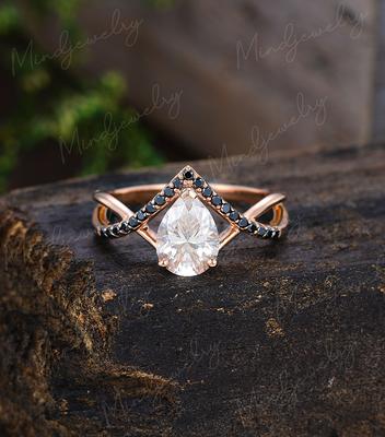 Pear Shaped Moissanite Engagement Ring Rose Gold Unique Vintage Black Diamond  Twisted Wedding Bridal Promise Anniversary - Yahoo Shopping