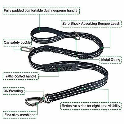 Dog Leash Heavy Duty,4-6FT Shock Absorbing Bungee Dog Leash+2 Padded  Handle,Metal Carabiner Clip,Car Seat Belt Black