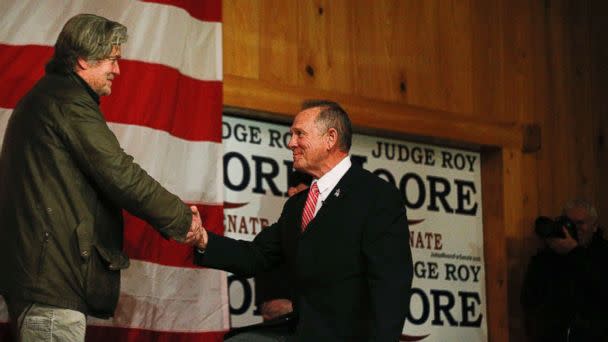 PHOTO: Steve Bannon, left, introduces U.S. senatorial candidate Roy Moore, right, during a campaign rally, Tuesday, Dec. 5, 2017, in Fairhope, Ala. (AP)