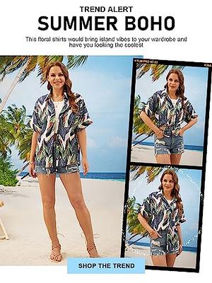 Women Shirts and Blouses Summer Short Sleeve Hawaii Style Button Down  Hawaiian Shirt Beach Tops Collared Print Front Pocket at  Women’s  Clothing