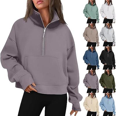 Womens Half Zip Sweatshirt Oversized Long Sleeve Collar Drop Shoulder Solid 1/4  Zipper Pullover Jacket 