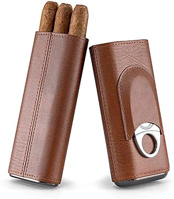 AMANCY Premium 3- Finger Brown Leather Cigar Case, Cedar Wood Lined Cigar  Humidor with Silver Stainless Steel Cutter