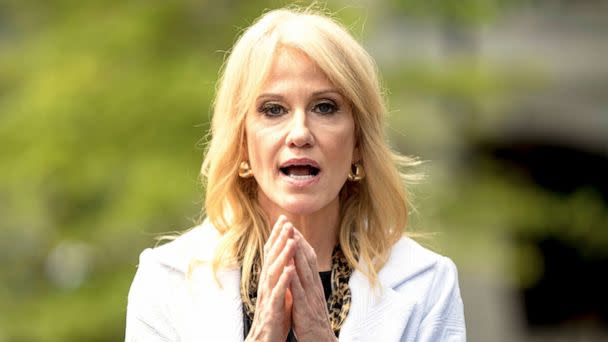 PHOTO: Counselor to the President, Kellyanne Conway speaks to members of the media outside the West Wing on of the White House, Thursday, April 18, 2019, in Washington. (Andrew Harnik/AP)