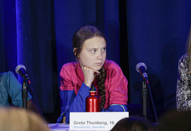 Activist Greta Thunberg attends a press conference where 16 children from across the world, present their official human rights complaint on the climate crisis to the United Nations Committee on the Rights of the Child at the UNICEF Building on September 23, 2019 in New York City. (Photo by Kena Betancur / AFP) (Photo credit should read KENA BETANCUR/AFP/Getty Images)