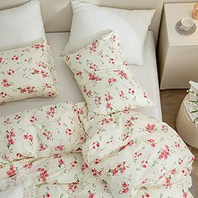 4 PC Floral White Pink Cotton Duvet Set, Cute Duvet Cover Set