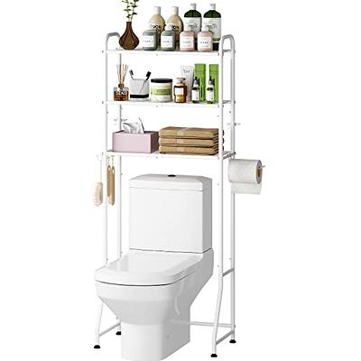 Simple Trending Over The Toilet Storage Rack with Toilet Paper Holder，Metal  3 Tier Bathroom Organizer Shelf with 2 Hooks,White