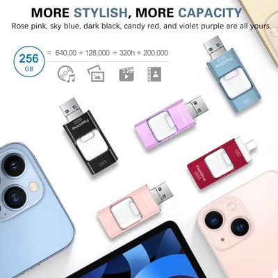 Flash Drive for iPhone 256GB, 4 in 1 USB Type C Memory Stick, Photo Stick  External Storage Thumb Drive for iPhone iPad Android Computer, Rose Pink