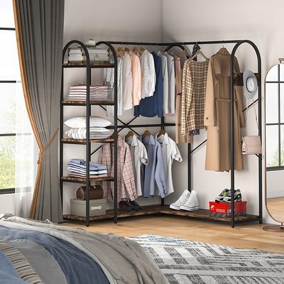 Industrial L Shaped Closet Organizer, Freestanding Corner Clothes Garment  Rack with Hanging Rods and Storage Shelves - Yahoo Shopping