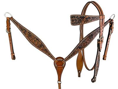 Western Brown Leather Tack Set of Headstall and Breast Collar 