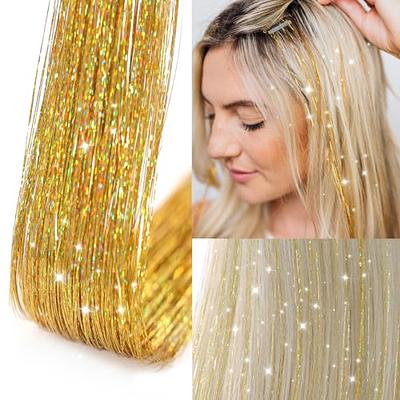 Gold Hair Tinsel, Packs of 12Pcs Clip in Hair Tinsel Kit, 20.5