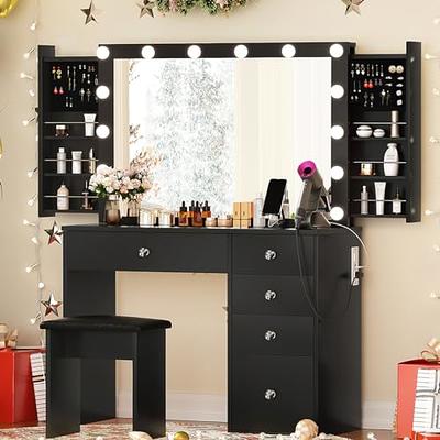 Vanity Set with Lighted Mirror and Lights, Makeup Vanity Dressing Table  with LED Light, Drawers, Storage Shelves and Cushioned Stool, Small Vanity  Desk for Bedroom by TZUTOGETHER (Black) 