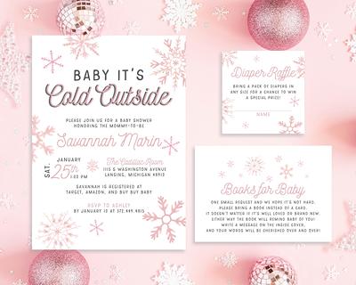 Winter Pink Silver Snowflake Baby Shower Invitations